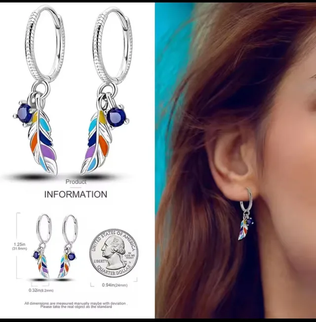 Fits Pandora Feather Dangle Hoop Earrings S925 thumbnail