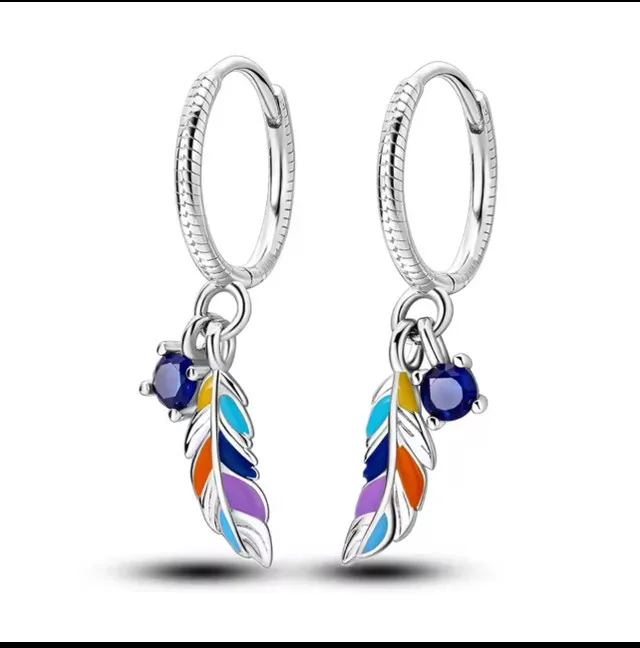 Fits Pandora Feather Dangle Hoop Earrings S925 thumbnail