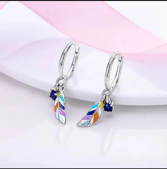 Fits Pandora Feather Dangle Hoop Earrings S925 image indicator(4)