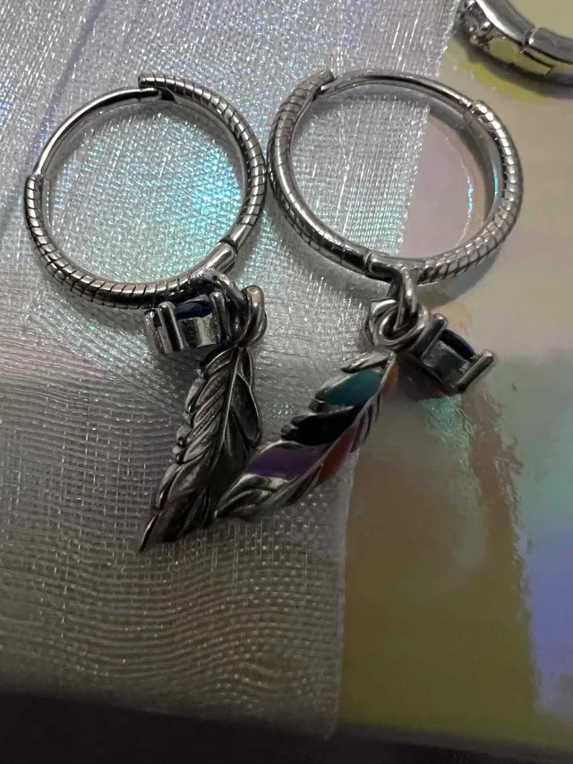 Fits Pandora Feather Dangle Hoop Earrings S925 image indicator(5)