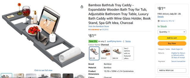 Bamboo Bathtub Caddy Bath Adjustable & Expandable Tray - photo 2