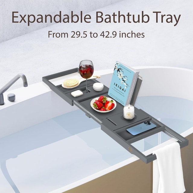 Bamboo Bathtub Caddy Bath Adjustable & Expandable Tray - photo 4
