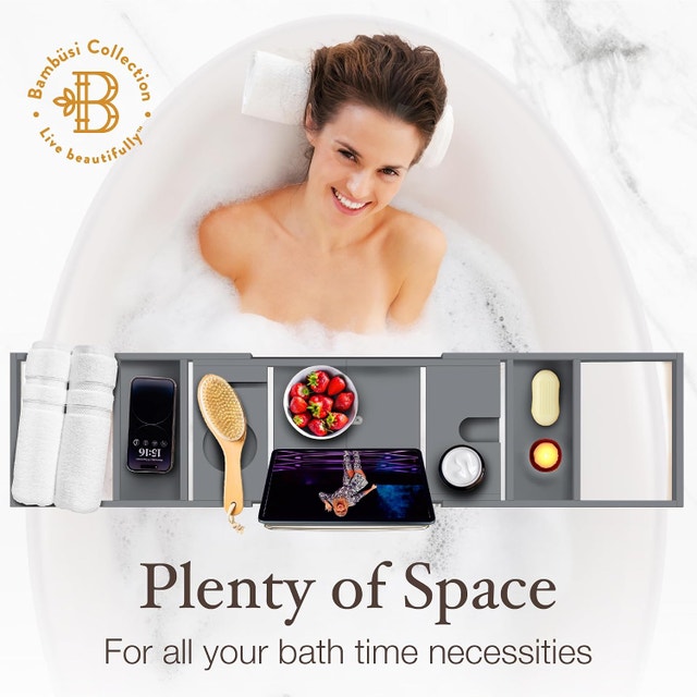 Bamboo Bathtub Caddy Bath Adjustable & Expandable Tray - photo 5