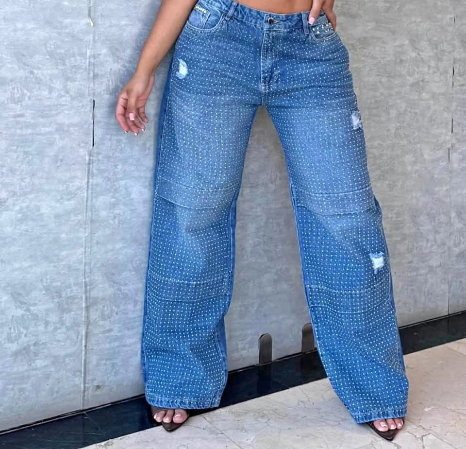 Rhinestone Distressed Wide Leg Denim Jeans