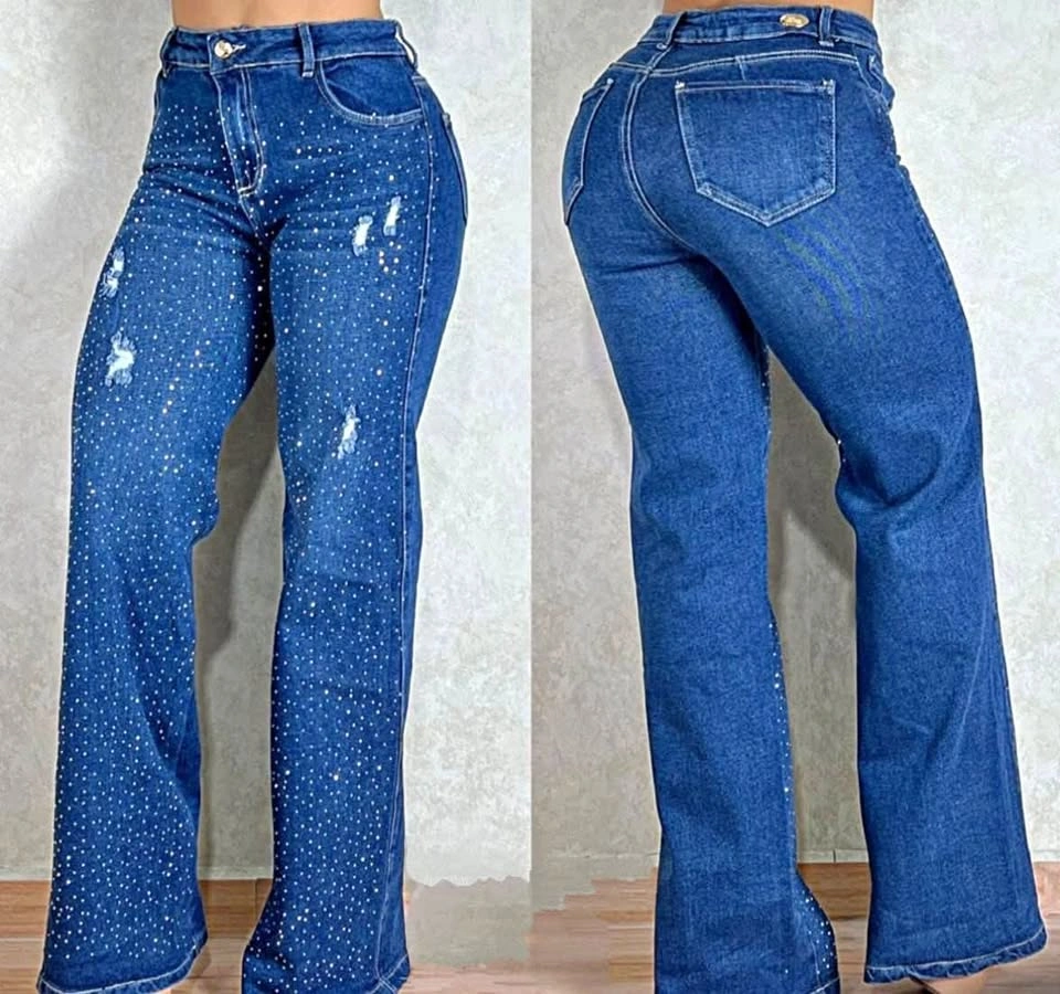 Rhinestone Embellished Wide Leg Blue Jeans