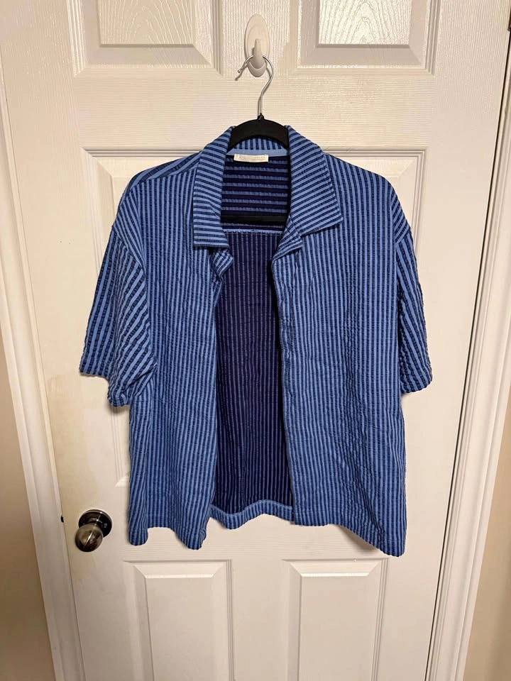 Zara Textured Striped Open-Collar Short Sleeve Shirt - Blue - L