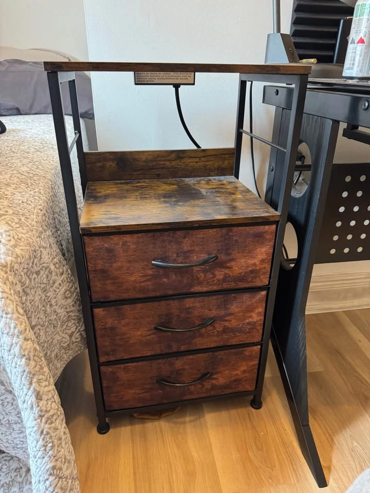 Industrial Nightstand with Charging Station and 3 Fabric Drawers - photo 3