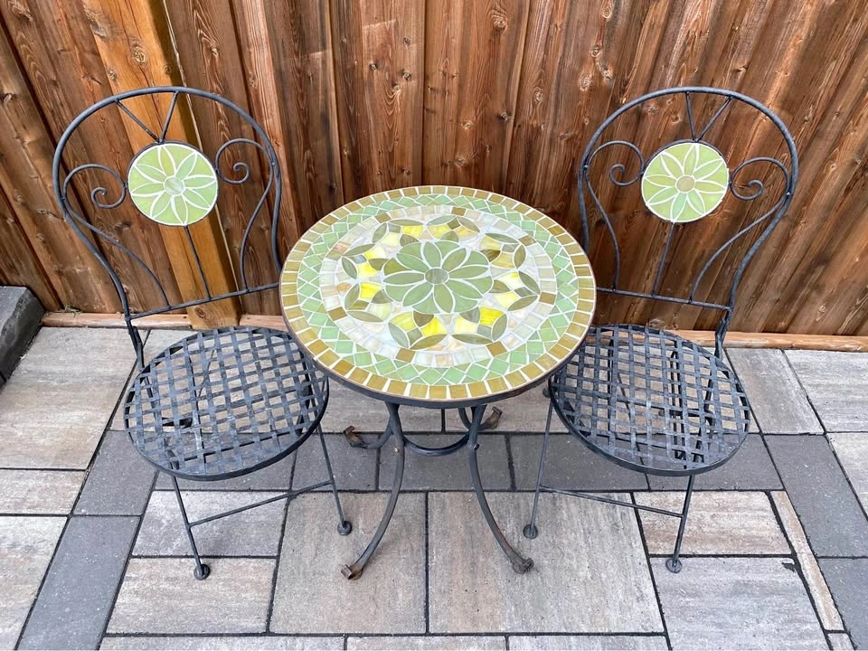 Mosaic bistro table and two matching chairs