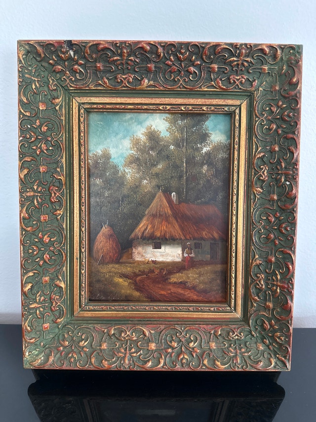 Antique European landscape oil on wood signed framed painting