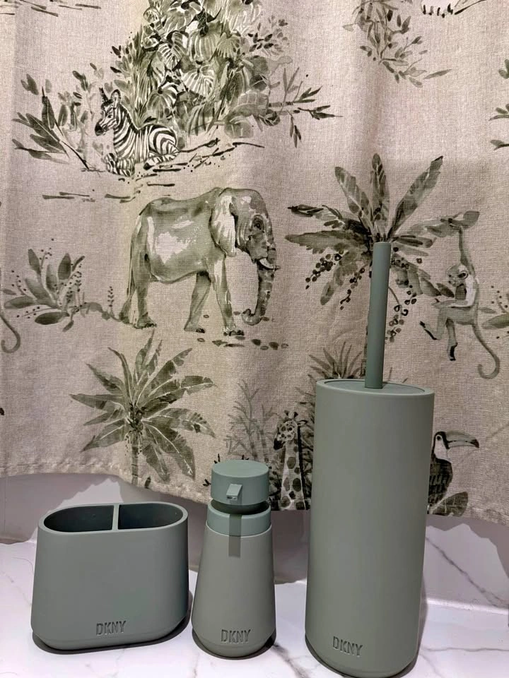 DKNY 3-Piece Sage Green Bathroom Accessory Set & Shower Curtain