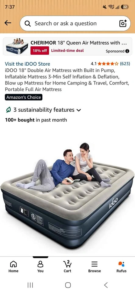 Double Air Mattress with Built in Pump