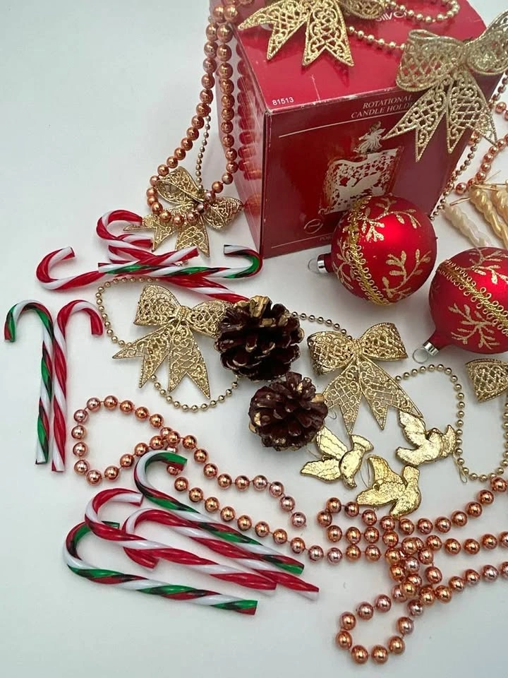 Christmas Decoration Lot – Ornaments, Bead Garlands, Bows & Cand
