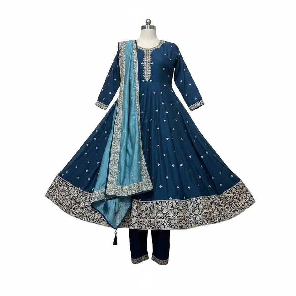 Teal Blue Silk Anarkali Suit - photo 2