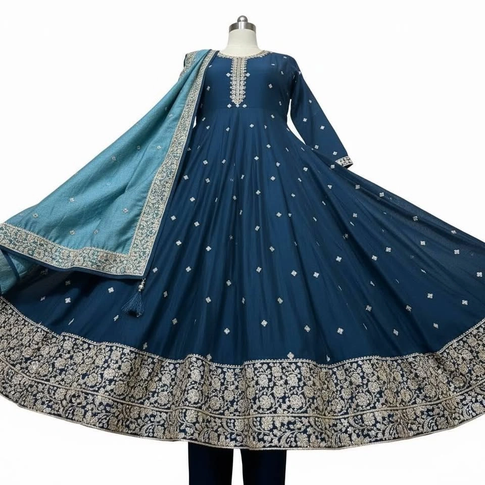 Teal Blue Silk Anarkali Suit - photo 3