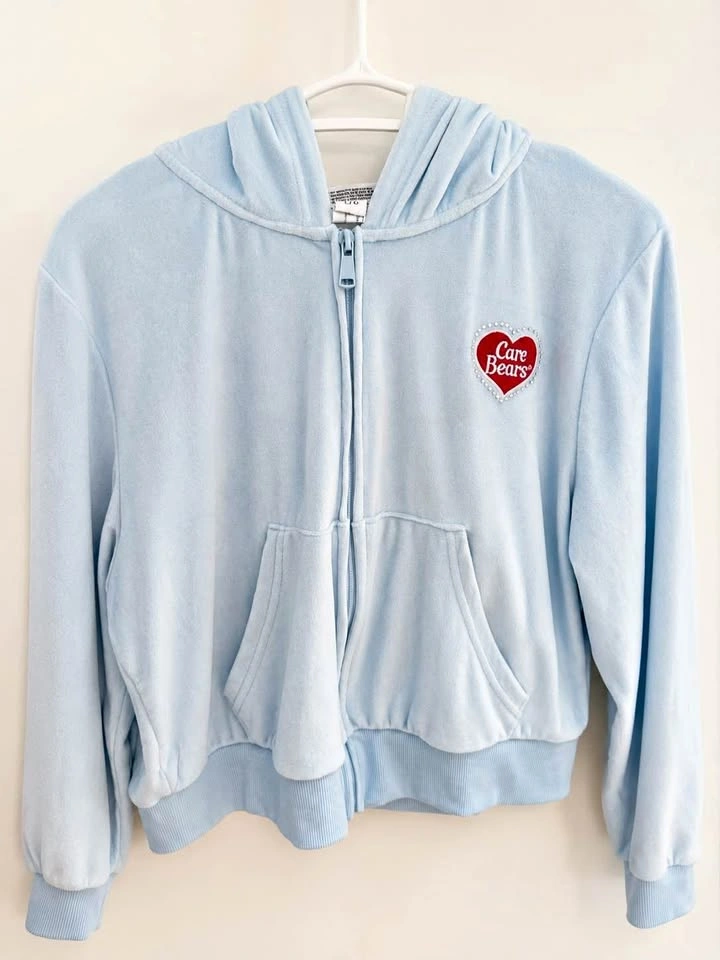 Care Bears Light Blue Velour Rhinestone Zip Hoodie- Large