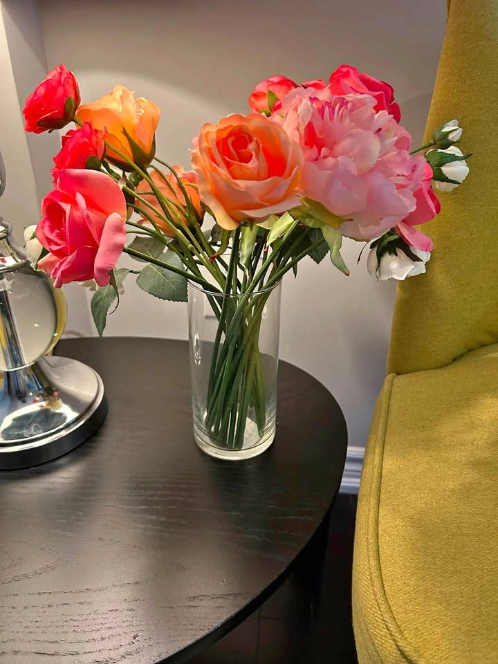 Glass Cylinder Vase with Artificial Roses