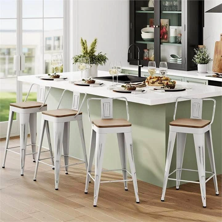 Set of 4 White Metal Bar Stools