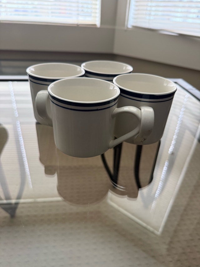Set of 4 White Ceramic Mugs with Blue Stripes