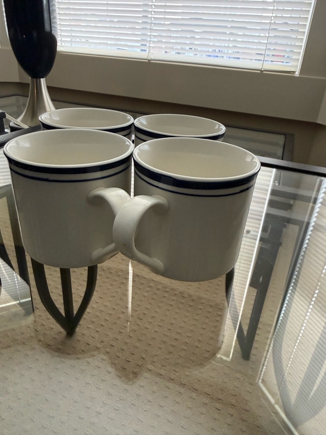 Set of 4 White Ceramic Mugs with Blue Stripes - photo 2