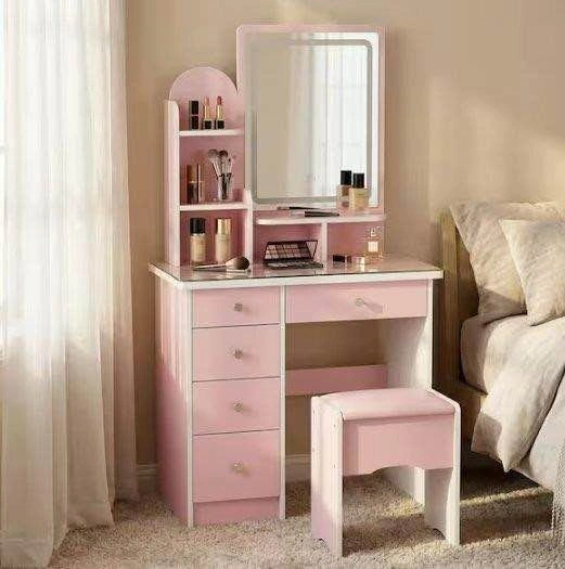Pink Vanity Table with Lighted Mirror and Stool - photo 3