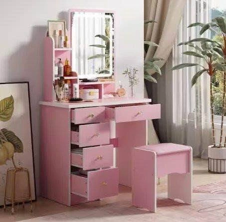 Pink Vanity Table with Lighted Mirror and Stool - photo 4