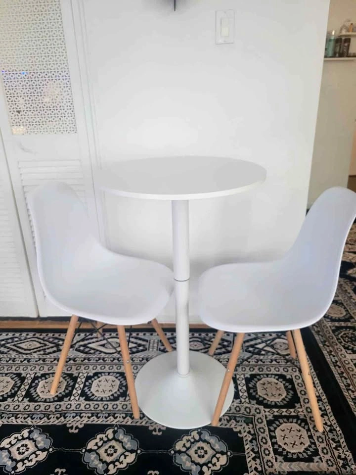 Modern White Adjustable Bar / Bistro Table & 2 Eames-Style Chair