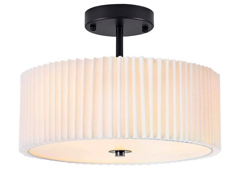 Black Flush Mount Ceiling Light Fixture, Pleated Fabric Drum Sha