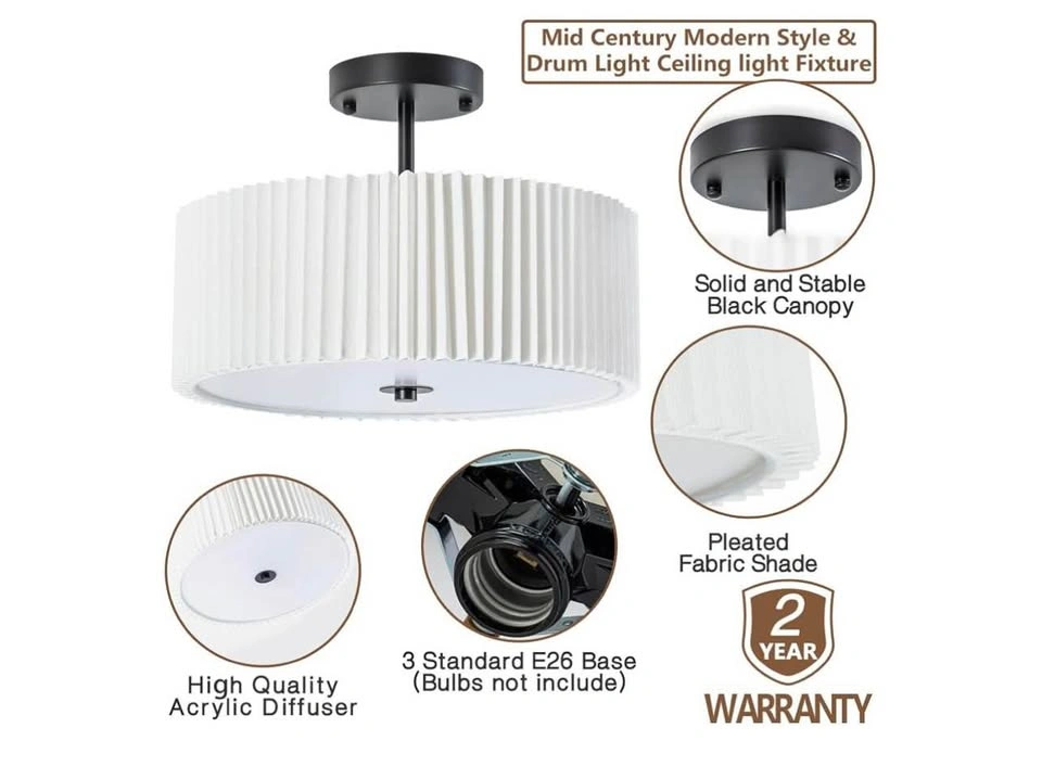 Black Flush Mount Ceiling Light Fixture, Pleated Fabric Drum Sha - photo 2