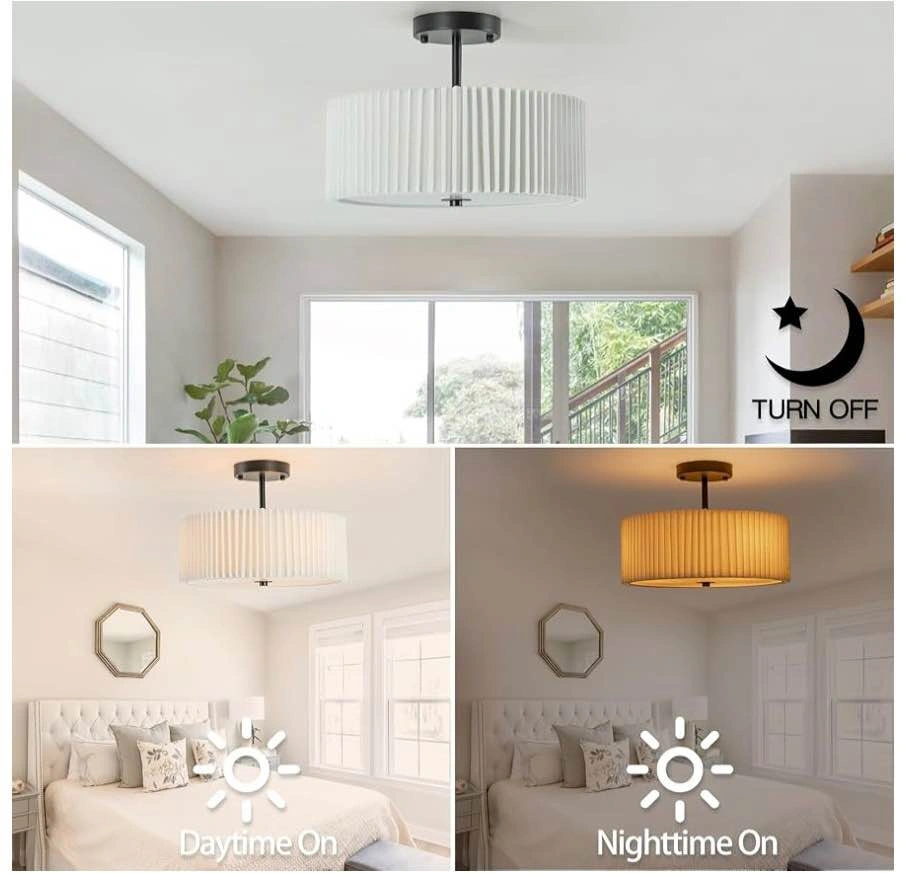 Black Flush Mount Ceiling Light Fixture, Pleated Fabric Drum Sha - photo 4