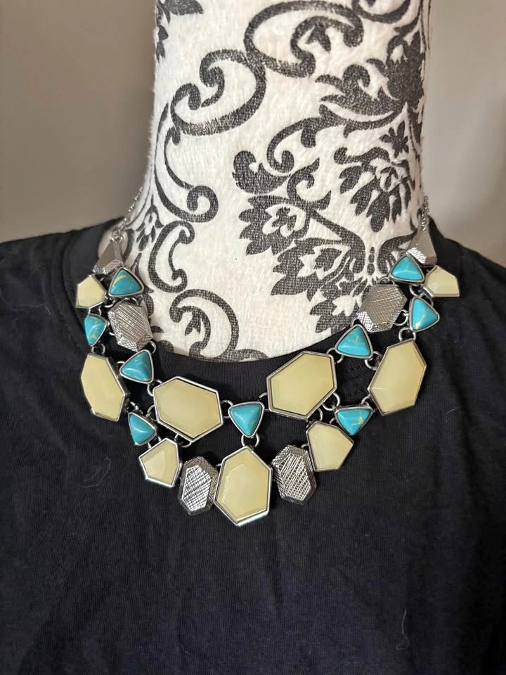 Geometric Turquoise and Cream Statement Bib Necklace