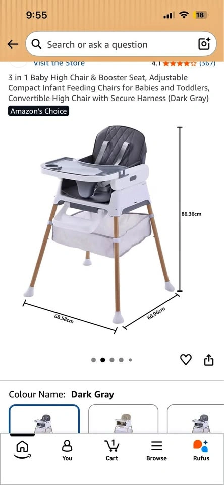 3 in 1 Baby High Chair & Booster Seat (Dark Gray)