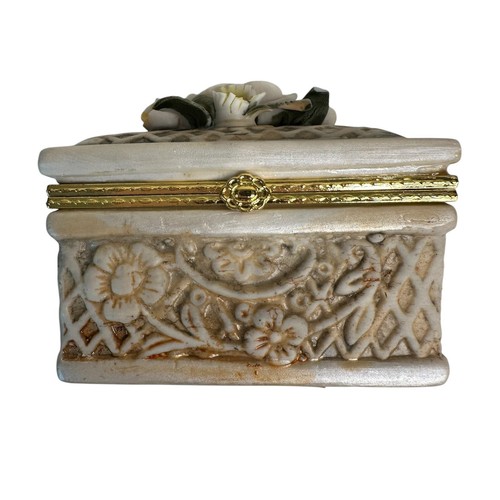 Vintage Ceramic Floral Rectangular Gold White Jewelry Trinket Bo