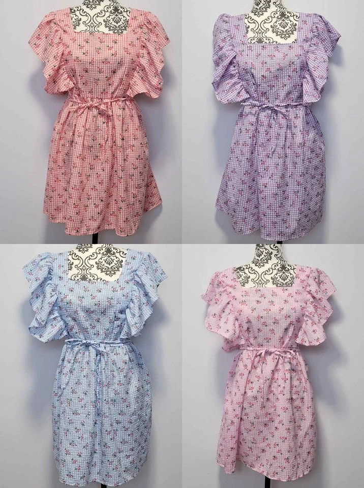 New Cottagecore Coral Gingham Floral Open Back Mini Dress