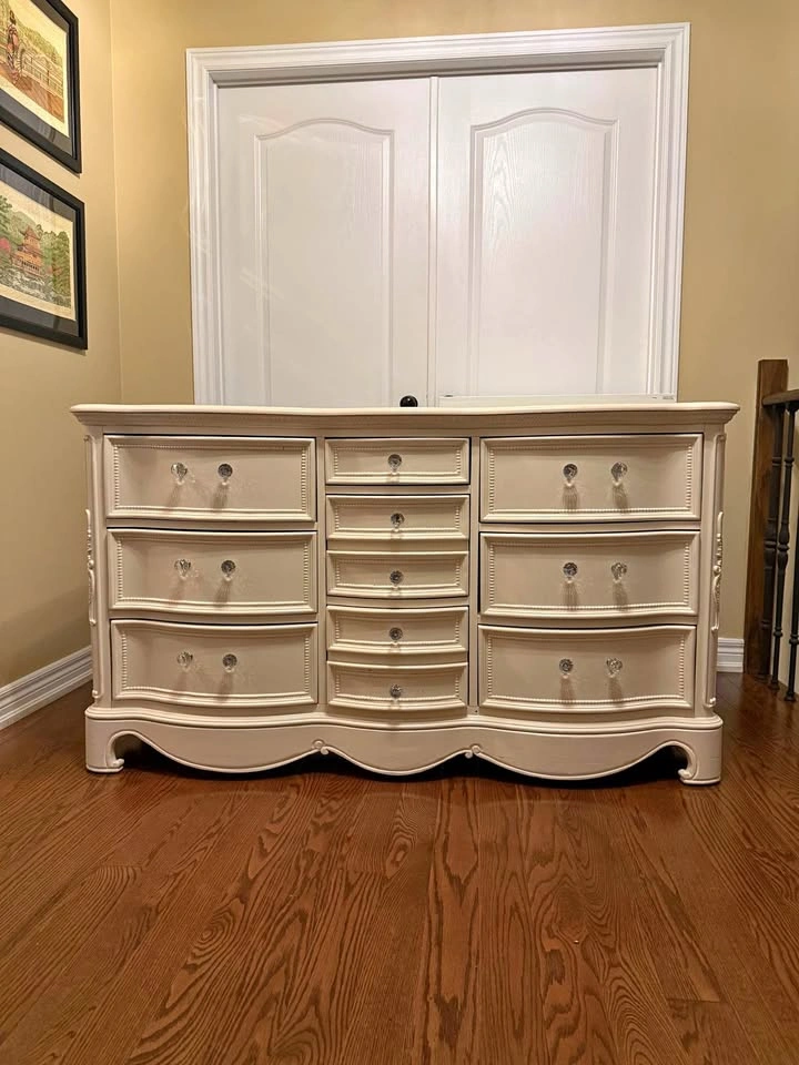Cream French Provincial Style Dresser with Crystal Knobs