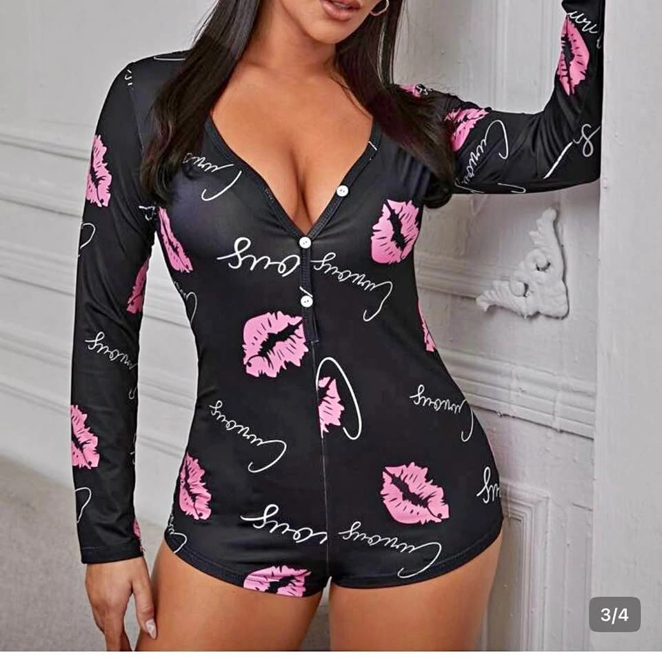 SHEIN Black Pajama Romper with Pink Motifs