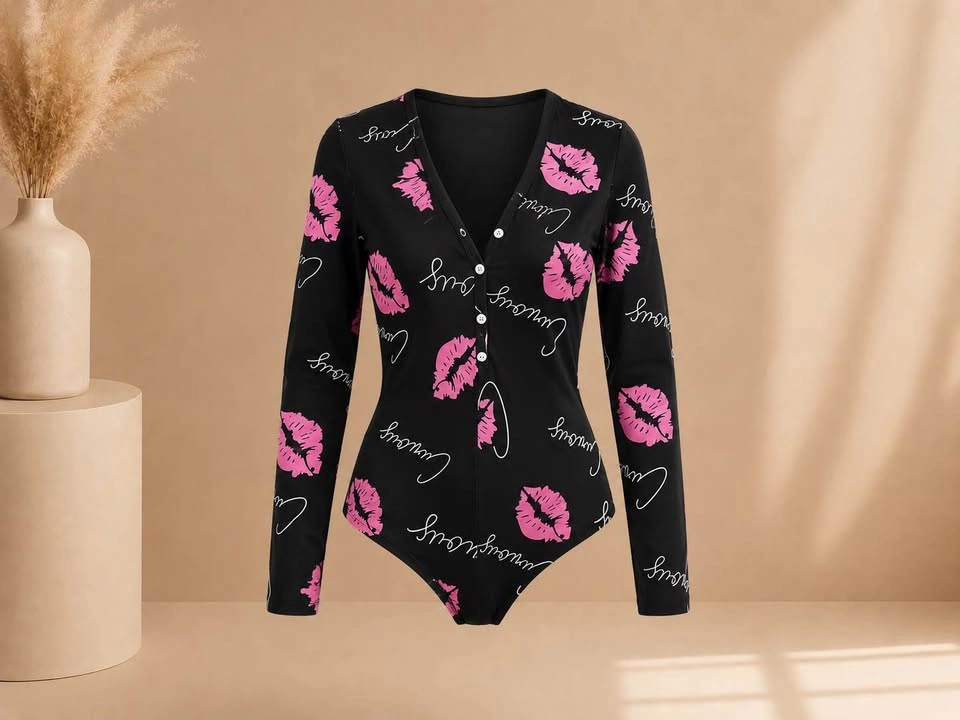 SHEIN Black Pajama Romper with Pink Motifs - photo 2
