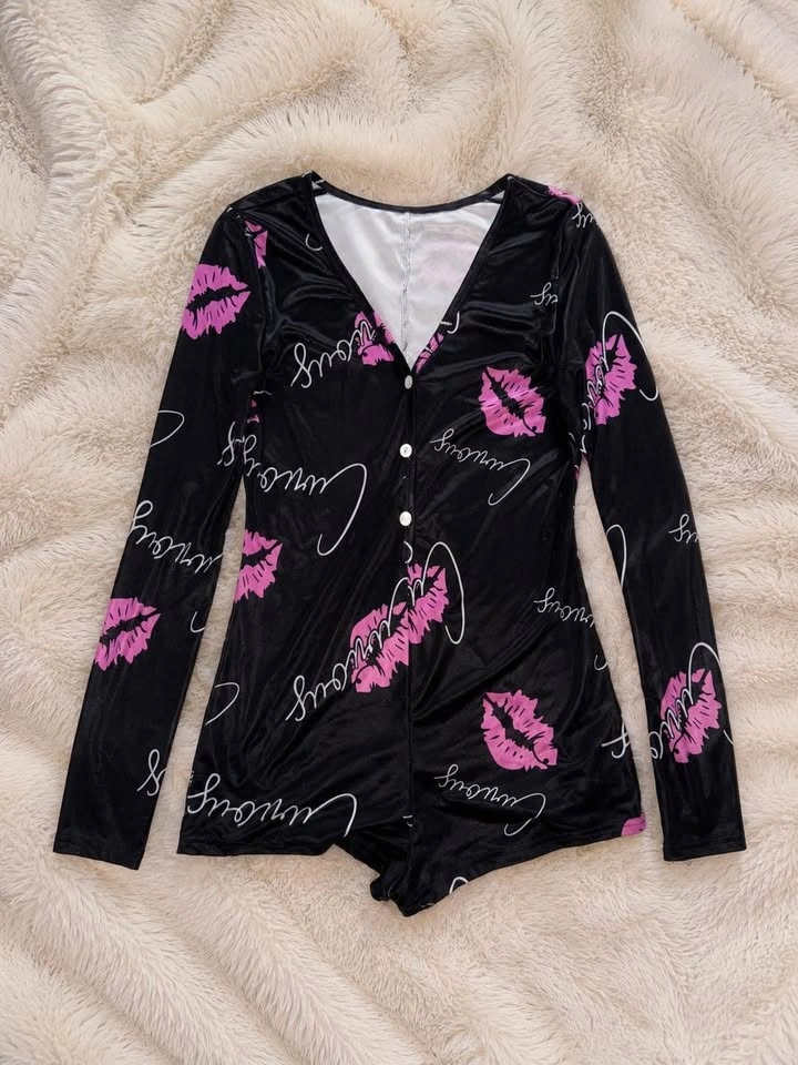SHEIN Black Pajama Romper with Pink Motifs - photo 3