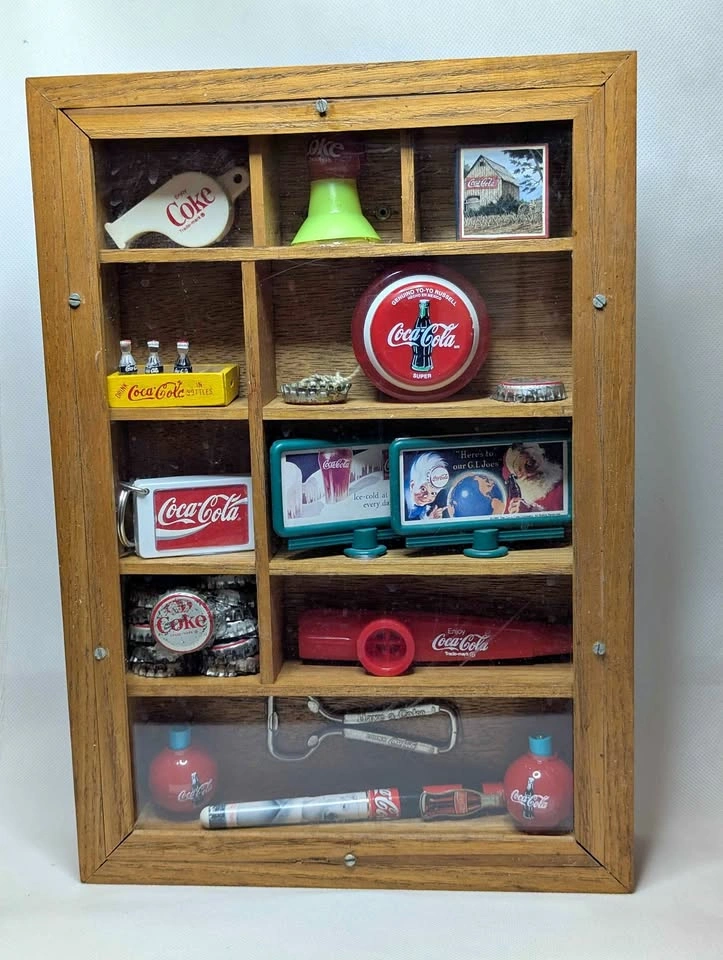 Vintage Coca Cola Coke Shadow Box Display Case with Collectibles