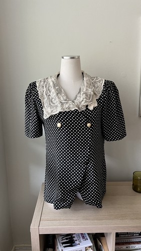 Betty Sta Ana Vintage Polka Dot Blouse S 12 Black White