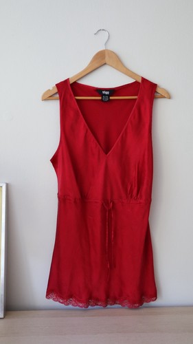 Togo 100% Silk Red Chemise Nightgown XL Sleeveless Lace Hem