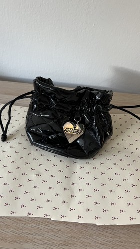 Guess Bag Drawstring Pouch Black Patent Quilted Purse