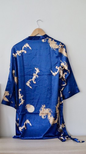 Blue Satin Dragon Print Kimono Robe Women’s Japanese Style Belte