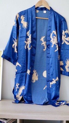 Blue Satin Dragon Print Kimono Robe Women’s Japanese Style Belte - photo 2
