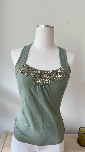 y2k womens green vintage tank Top 95% Cotton With Beads