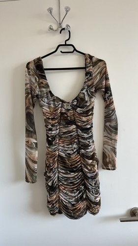ZARA Mesh Long Sleeve Ruched Marble Print Bodycon Mini Dress