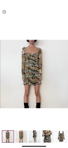 ZARA Mesh Long Sleeve Ruched Marble Print Bodycon Mini Dress - photo 2