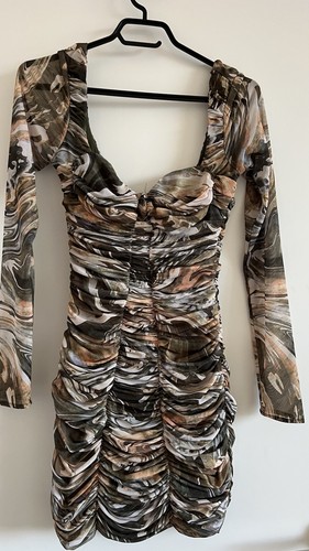 ZARA Mesh Long Sleeve Ruched Marble Print Bodycon Mini Dress - photo 3