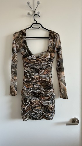 ZARA Mesh Long Sleeve Ruched Marble Print Bodycon Mini Dress - photo 4