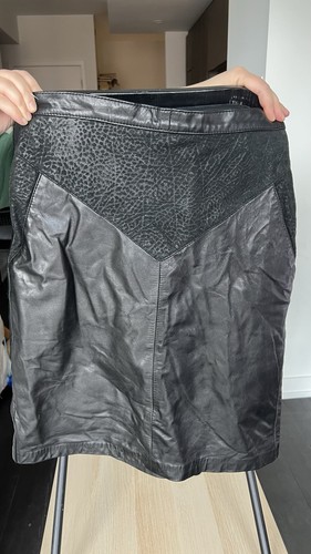 Genuine Leather Black Skirt – Textured Panel Detail – Knee Lengt