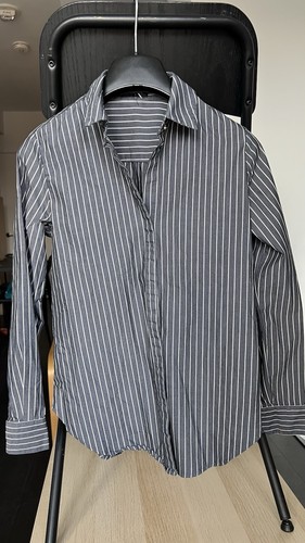 Dark Grey And White Striped Button Down Shirt Women